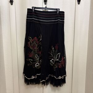 Basil & Maude black floral embroider chiffon ruffle midi skirt romantic goth 90s